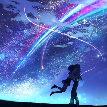Your Name, Couple, Kimi no Na wa, Night sky, Stars, Comet, Taki Tachibana, Romance, Mitsuha Miyamizu, Comet Tiamat, Shooting stars