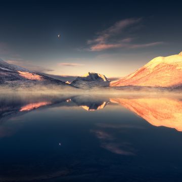 Mountains, Lake, Evening, Reflection, Scenery, Tranquility, Moon, Landscape, Aesthetic, 5K, 8K