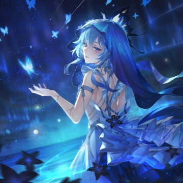 The Shorekeeper, Wuthering Waves, 5K, Anime girl, Blue aesthetic, Butterflies