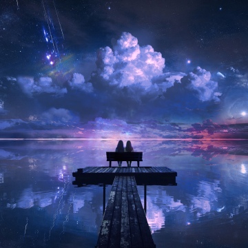Romantic, Night sky, Lake, Reflections, Wooden pier, Couple, Moon, Women, Valentine, 5K, Dark Mode, Dreamlike, Surrealism
