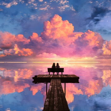 Women, Romantic, Sunset, Clouds, Reflections, Wooden pier, Dreamy, Valentine's Day, 5K, Surreal landscape