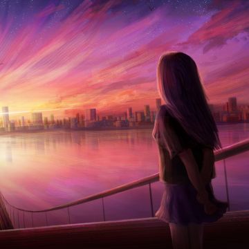 Girl, Illustration, Dream, Pink, Sunrise, Artwork, Cityscape, Bridge, Drawing, Girly backgrounds, 5K