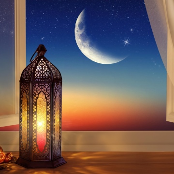 Ramadan, Lantern, Crescent Moon, Night sky, Window, 5K, Gradient sky