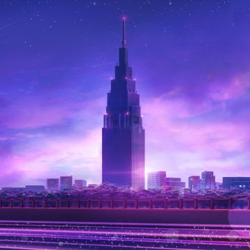 Cityscape, Skyscraper, Evening, Traffic, Purple, Illustration, Aesthetic, 5K