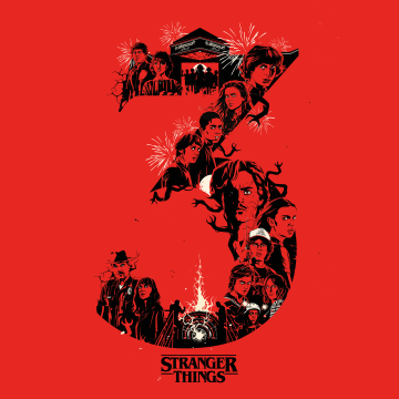 Stranger Things Season 3, 5K, Red background, Netflix series, Illustration