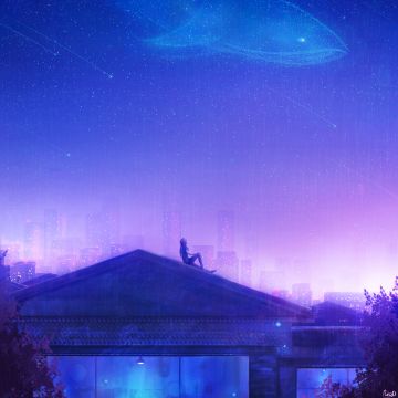 Girl, Rooftop, Looking up at Sky, House, House, Dream, Whale, Starry sky, Night, Cold, Purple