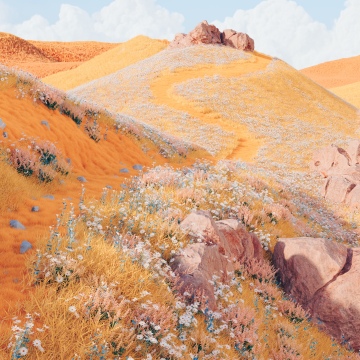 Golden fields, Dreamy, Rolling hills, Digital art, Yellow aesthetic, Surreal landscape, Microsoft Design