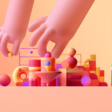 Giant hands, Building blocks, Stack, Toys, Geometric, Peach background, Warm, Miniature, 3D Render, Microsoft Design