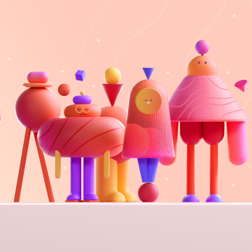 Geometric, Characters, Shapes, Coral, Pastel background, Whimsical, 3D Render, Toys, Microsoft Design