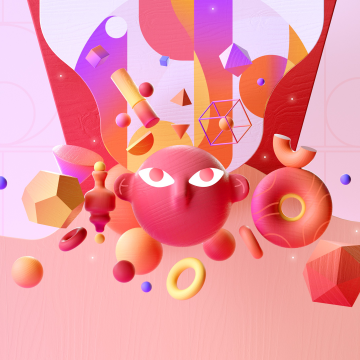 Geometric, Explosion, Floating objects, Hot pink, Vibrant, Dynamic, Pop Art, Coral, Bold, Microsoft Design