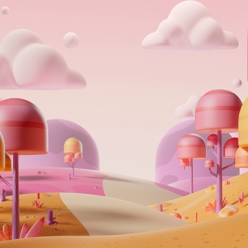 Geometric, Forest, Candy, Cheerful, Pastel colors, Cartoon, 3D Render, Whimsical, Orange aesthetic, 5K