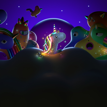 Unicorn, Rainbow mane, Monsters, Magical, Night, Clouds, Dark aesthetic, Dark blue, Kawaii, 3D Render, Neon art