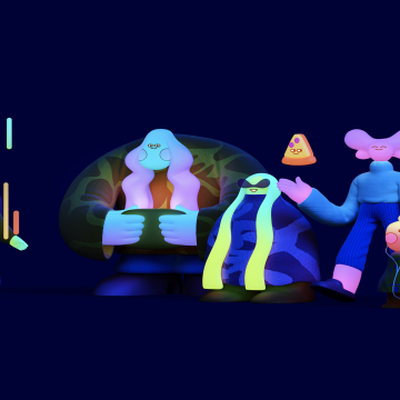 Neon glow, Cute cartoon, 3D Render, Navy blue background, Whimsical, Dark Mode, Microsoft Design