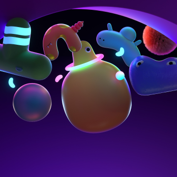 Neon glow, Fuzzy Monsters, Playful, Purple aesthetic, Whimsical, Kawaii, Vibrant, Neon colors, Microsoft Design