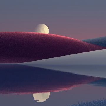 Moonrise, Rolling hills, Surreal landscape, Lake reflection, Digital Art, Dreamlike, Dusk, Twilight, Aesthetic, 5K