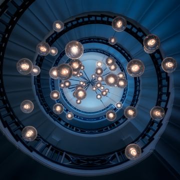 Spiral staircase, 5K, Chandelier, Steps, Look up, Pattern, Lights, Interior, Blue aesthetic