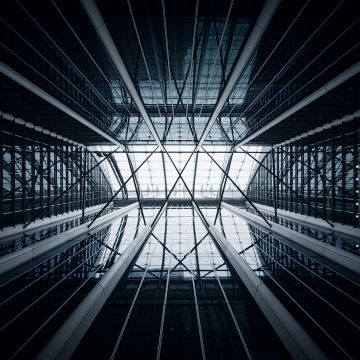 Modern architecture, Skylight, Looking up at Sky, Glass building, Atrium, Symmetrical, 5K, 8K