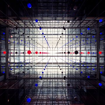 Glass building, Spheres, Modern architecture, Interior, Symmetrical, Office, Look up, Skylight, 5K