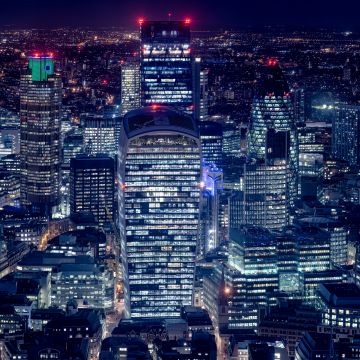 London City, Night illumination, Cityscape, Night lights, Skyscrapers, Tower 42, Gherkin, Heron Tower, Night life, Aerial, 5K, England
