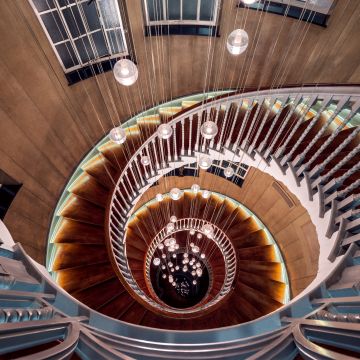 Wooden, Spiral staircase, Steps, Lights, Look Down, Descent, Interior, Curves, Pattern, Aesthetic, 5K, 8K, Chandelier