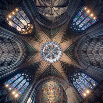 Ely Cathedral, Ancient architecture, Cathedral, Dome, Stained glass, United Kingdom, Indoor, Ceiling, Lights, Patterns, 5K, 8K