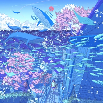 Surreal, Underwater city, Whale, Fishes, Cherry blossom, Anime girl, 5K, Japanese girl, Aesthetic