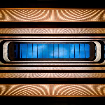 Bush Pavilion Hotel, London, Atrium, Symmetrical, Looking up at Sky, Blue, Skylight, 5K, 8K, England