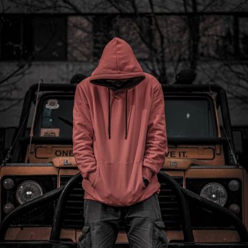 Red Hoodie, Jeep, Standing, Men, Style, Sweatshirt, 5K