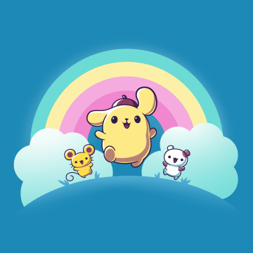 Pompompurin, Scone, Muffin, Blue background, Cute cartoon, 8K, 5K, Sanrio, Kawaii cartoon