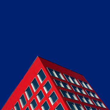 Red Building, Blue Sky, Clear sky, Geometric, Low Angle Photography, Windows, Pattern, 5K