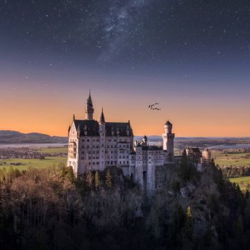 Neuschwanstein Castle, 5K, Germany, Landscape, Starry sky, Ancient architecture, Astronomy, Stars, Outer space