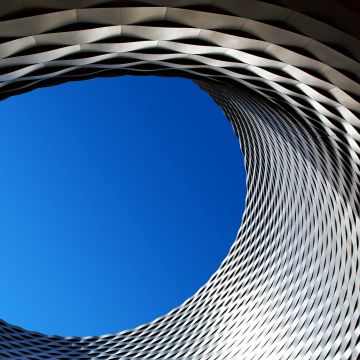 Steel Eye, Modern architecture, Patterns, Geometrical, Blue Sky, Looking up at Sky, Circle, Texture, 5K