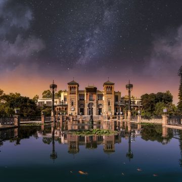 Castle, Water, Fountain, Reflection, Outer space, Milky Way, Stars, Pond, Sunset, 5K