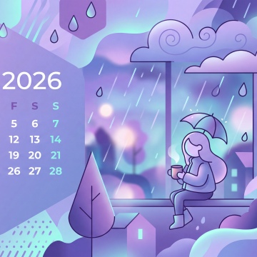 June 2026 Calendar, Rainy day wallpaper