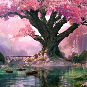 Surreal, Cherry blossom, Tranquility, Bloom, Calm, 5K, Aesthetic