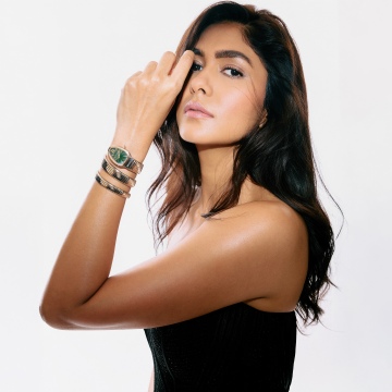 Mrunal Thakur, Black dress, Indian actress, White background, 5K, Portrait