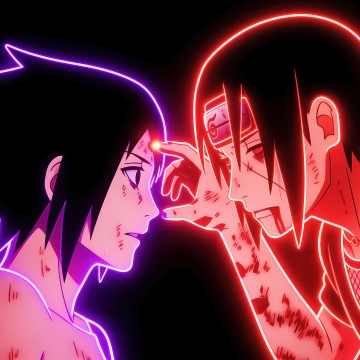 Itachi Uchiha, Sasuke Uchiha, Neon art, Neon glow, Black background, 5K