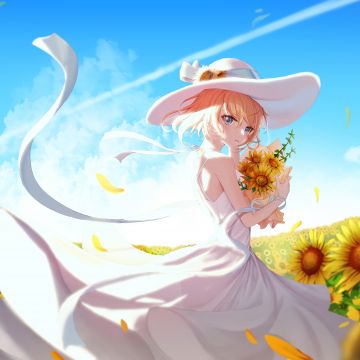 Anime girl, Sunflowers, Sunny day, 5K