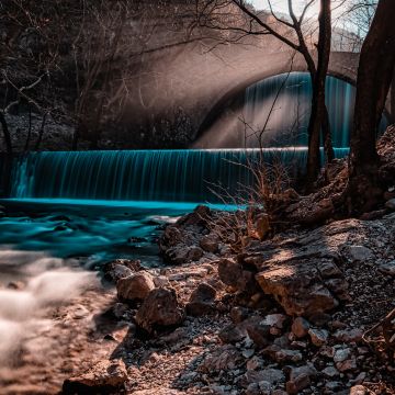 Waterfall, Long exposure, Forest, Autumn, Fall, Sun rays, 5K, Brown aesthetic