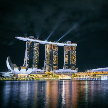 Marina Bay Sands, Singapore, Hotel, Night life, City lights, Body of Water, Reflection, Light beam, Dark, Modern architecture, Cityscape, 5K