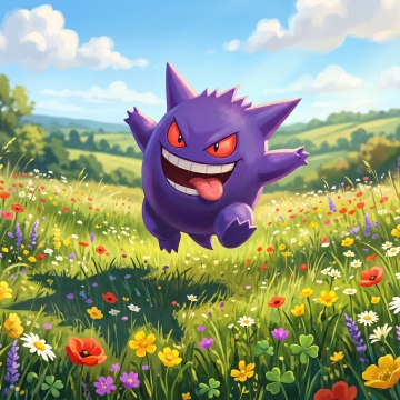 Gengar, Pokémon, Meadow, Wildflowers, Sunny, Cartoon
