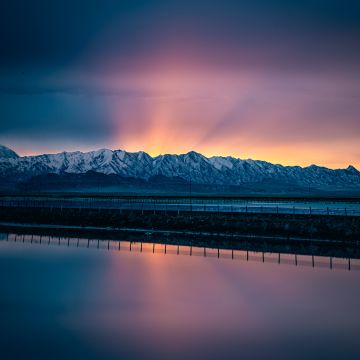 Snow mountains, Landscape, Sunrise, Salt Lake City, Water, Reflection, Scenery, Reflection, Mountain range, Clear sky, 5K