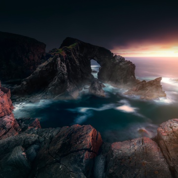 Stac a Phris Arch, Scotland, Long exposure, Sunset, Coastline, Rocky coast, Ocean, Isle of Lewis, Rock formations, Seascape, 5K