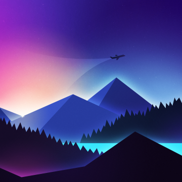 Mountains, Illustration, Flight, Night, Sunset, Gradient background