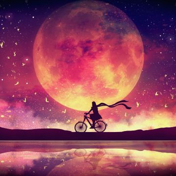 Moon, Girl, Dream, Lake, Bicycle, Surreal, Evening