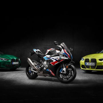 BMW M 1000 RR, BMW M3 Competition, BMW M4 Competition, Race bikes, Sports bikes, 2021, Black background, 5K