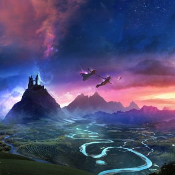 Dream, Flying together, Mountains, Evening, Dusk, Boy and Girl, Neverland, Magical