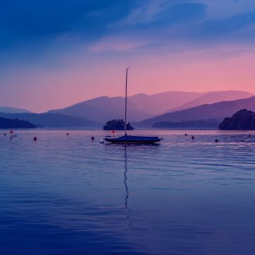 Windemere lake, Boat, Bowness Bay, Dawn, Body of Water, Evening, Mountains, Colorful Sky, 5K