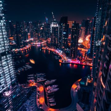Dubai Marina, United Arab Emirates, Boats, Cityscape, Modern architecture, Night time, City lights, Aerial view, 5K