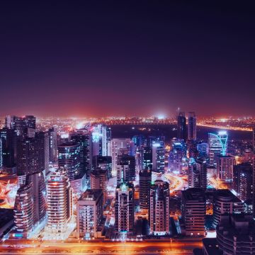 Dubai City, United Arab Emirates, City Skyline, Cityscape, Night time, City lights, Skyscrapers, Modern architecture, 5K